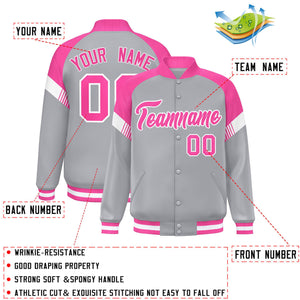 Custom Gray Pink-White Varsity Full-Snap Color Block Letterman Jacket