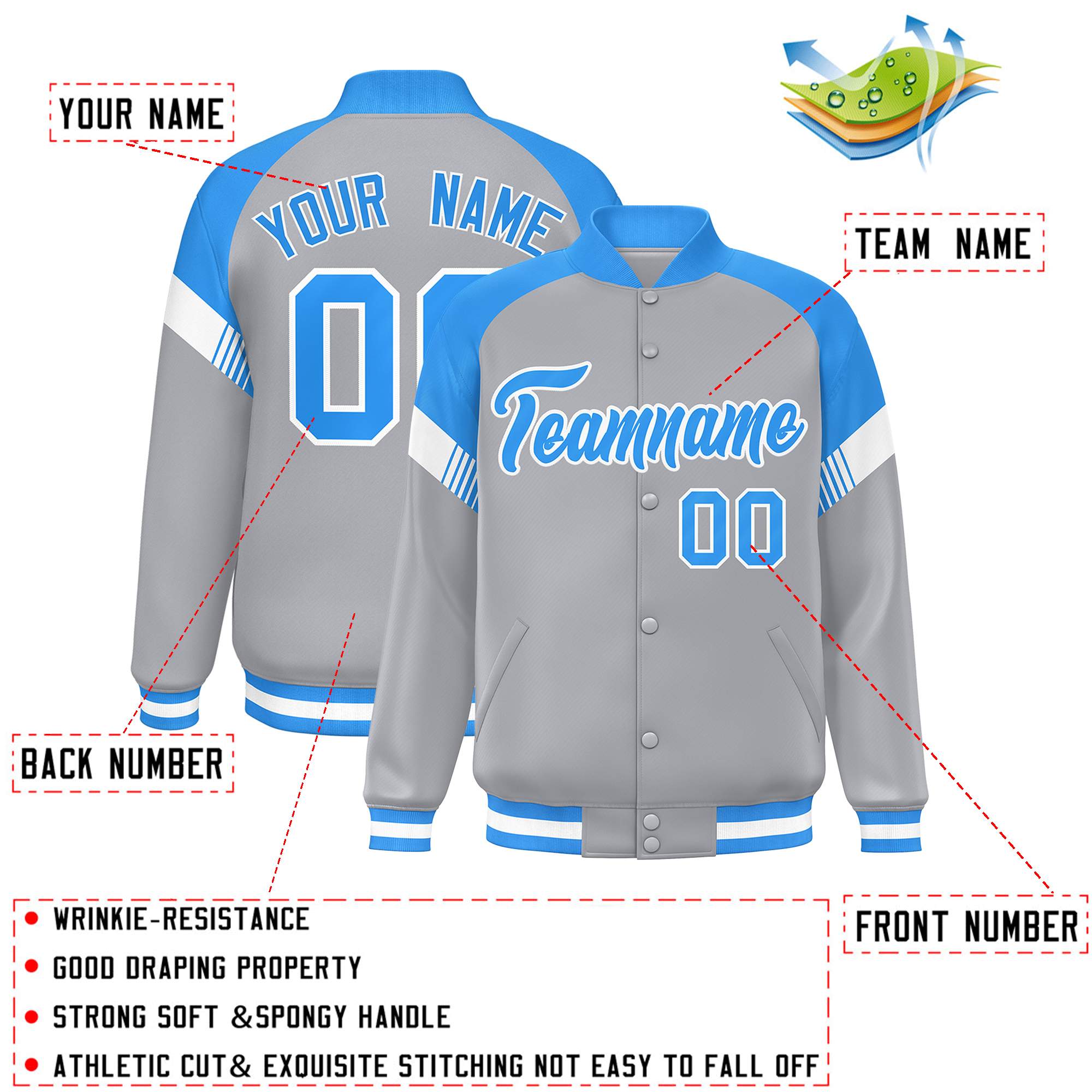 Custom Gray Powder Blue-White Varsity Full-Snap Color Block Letterman Jacket