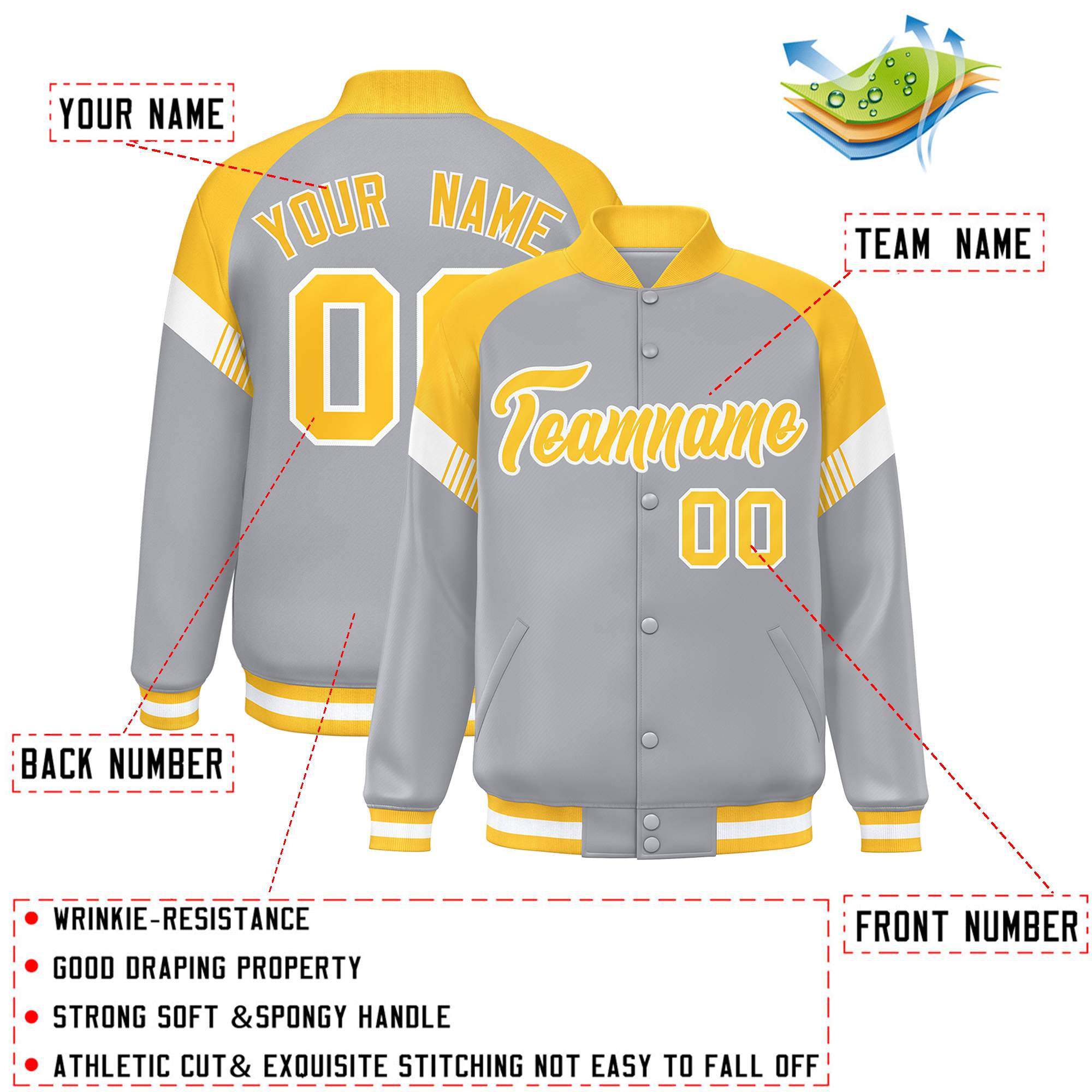 Custom Gray Gold-White Varsity Full-Snap Color Block Letterman Jacket