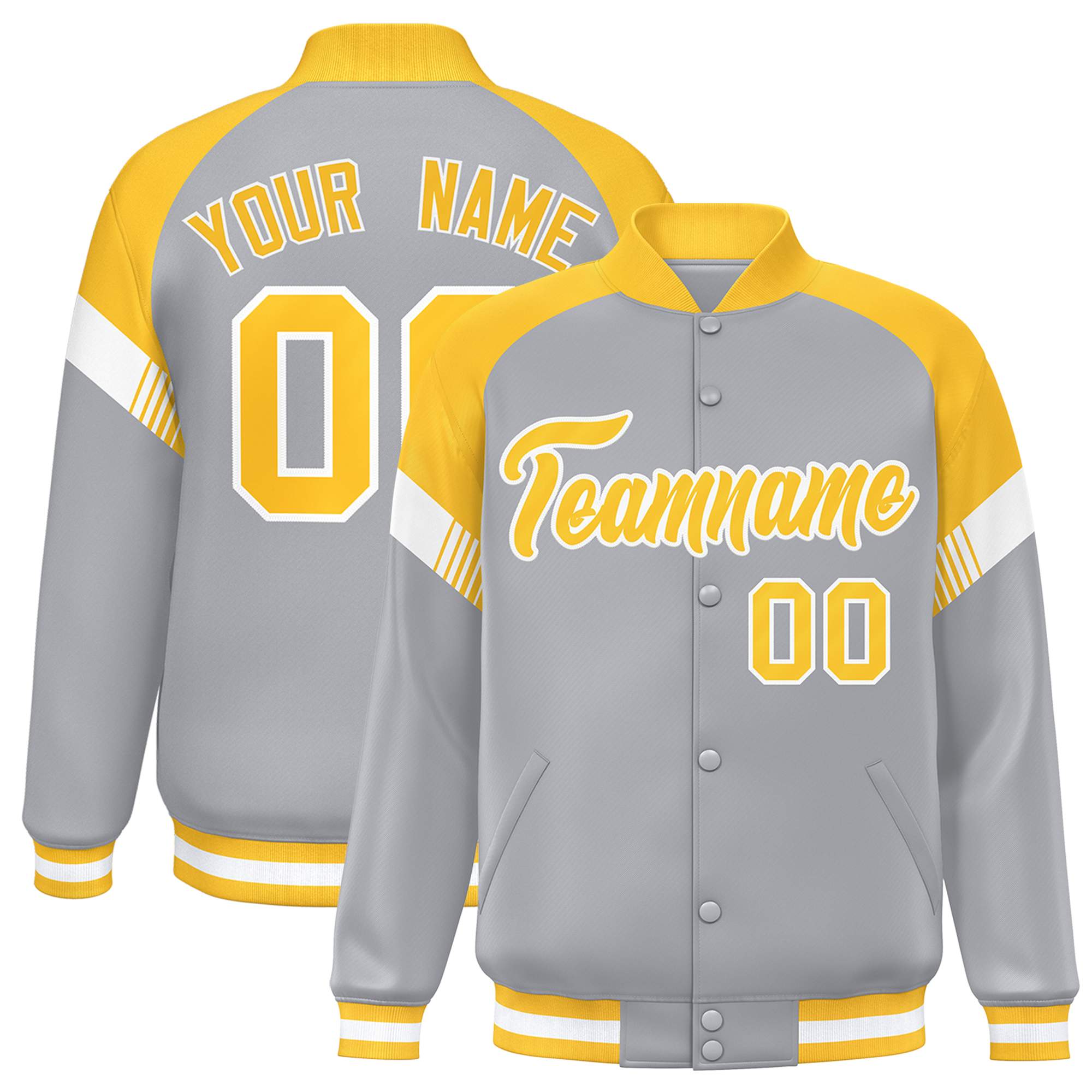 Custom Gray Gold-White Varsity Full-Snap Color Block Letterman Jacket