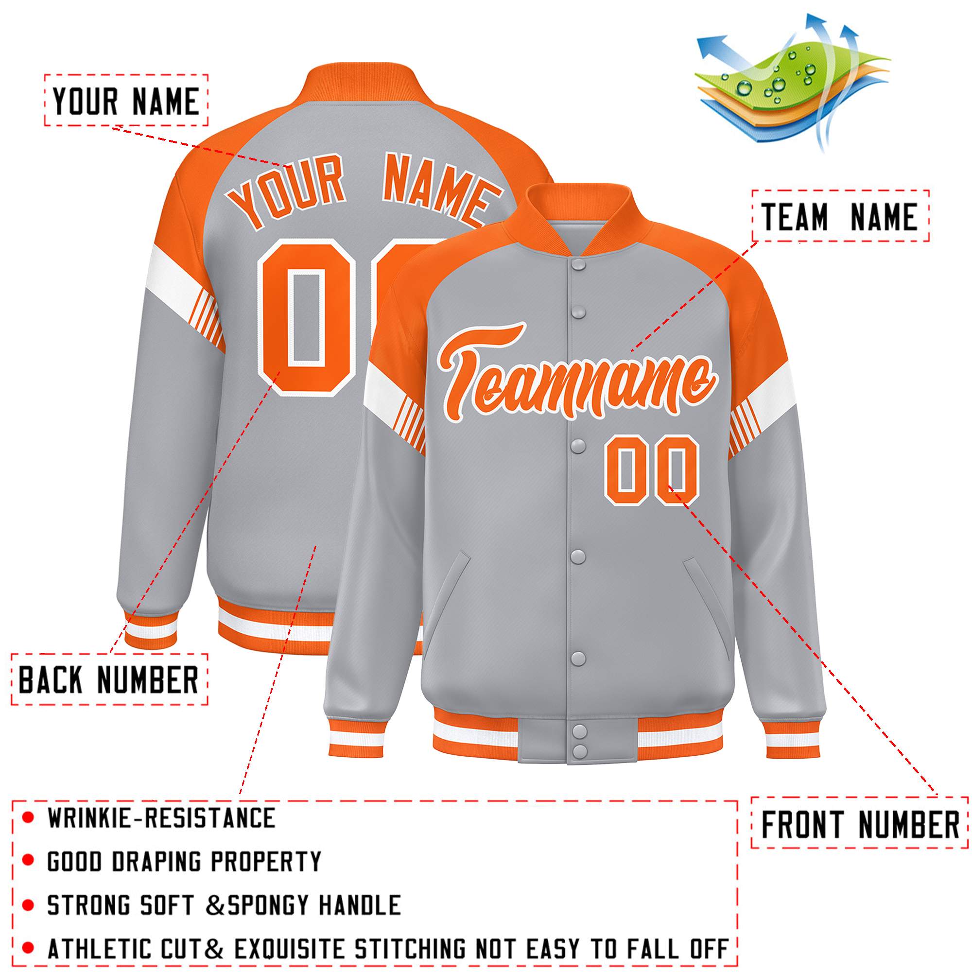 Custom Gray Orange-White Varsity Full-Snap Color Block Letterman Jacket