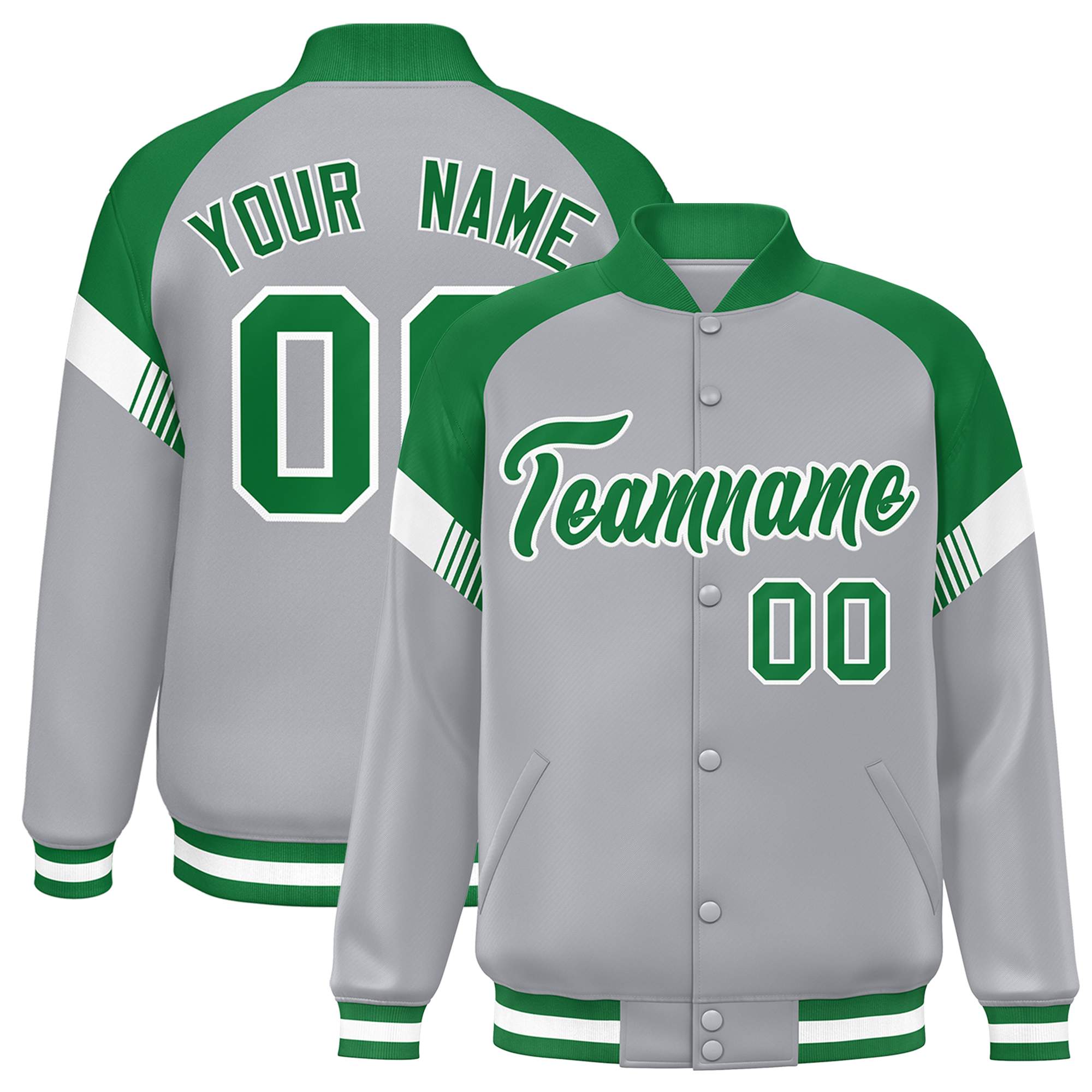 Custom Gray Kelly Green-White Varsity Full-Snap Color Block Letterman Jacket