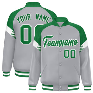 Custom Gray Kelly Green-White Varsity Full-Snap Color Block Letterman Jacket