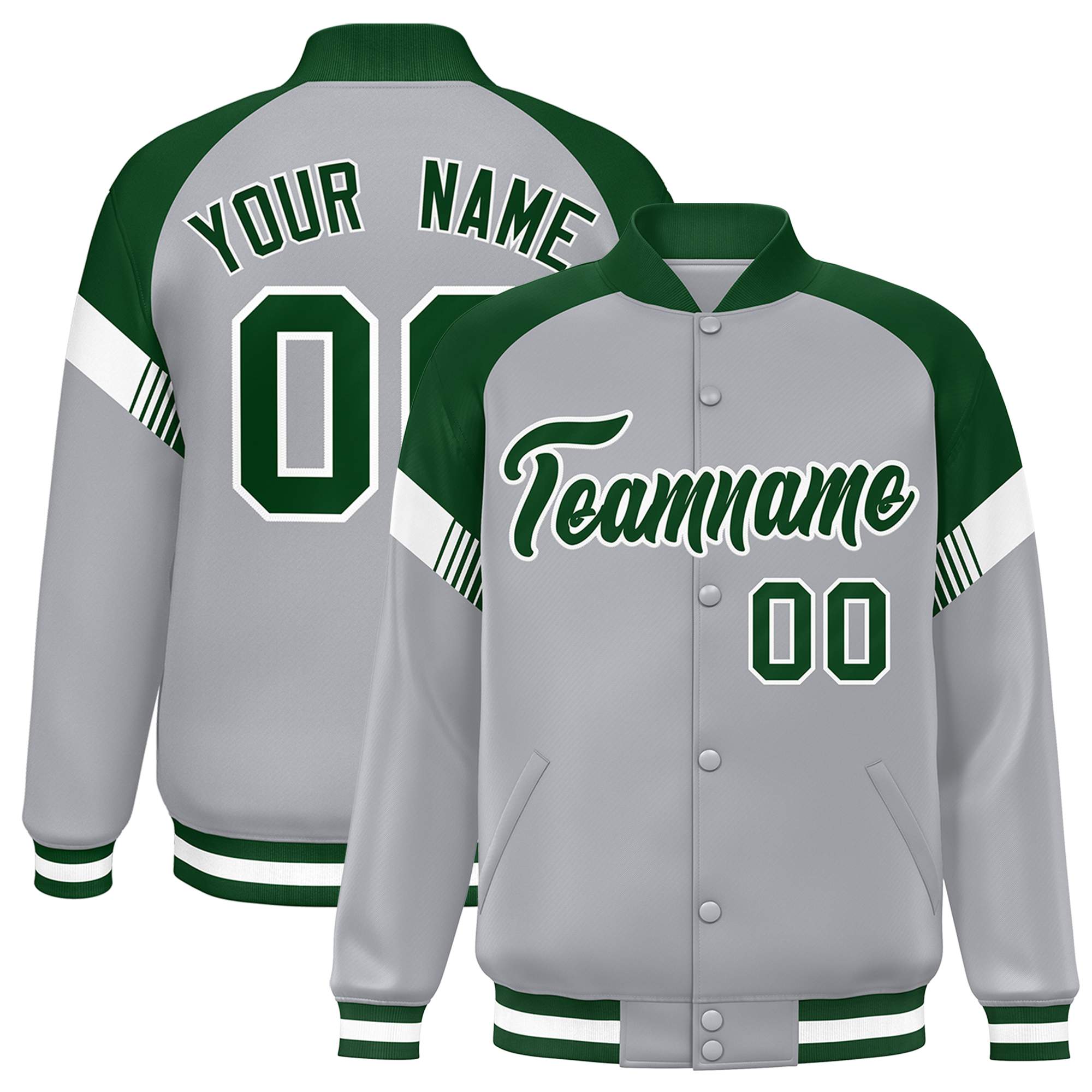 Custom Gray Green-White Varsity Full-Snap Color Block Letterman Jacket