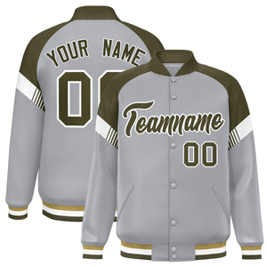 Custom Gray Olive-White Varsity Full-Snap Color Block Letterman Jacket