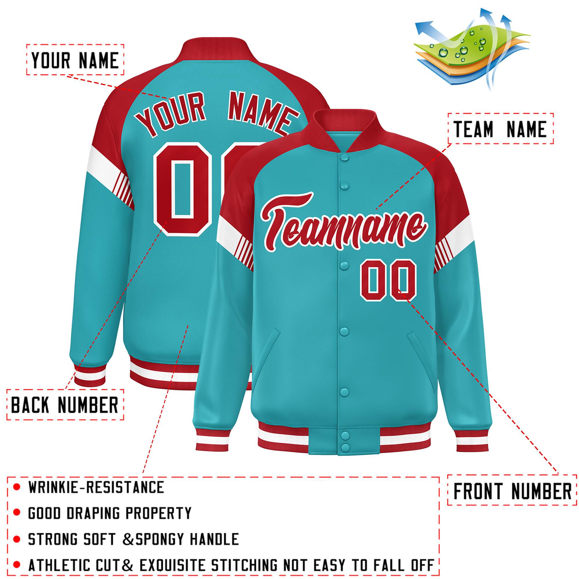 Custom Aqua Red-White Varsity Full-Snap Color Block Letterman Jacket