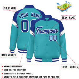 Custom Aqua Royal-White Varsity Full-Snap Color Block Letterman Jacket