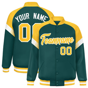 Custom Midnight Green Gold-White Varsity Full-Snap Color Block Letterman Jacket