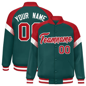 Custom Midnight Green Red-White Varsity Full-Snap Color Block Letterman Jacket