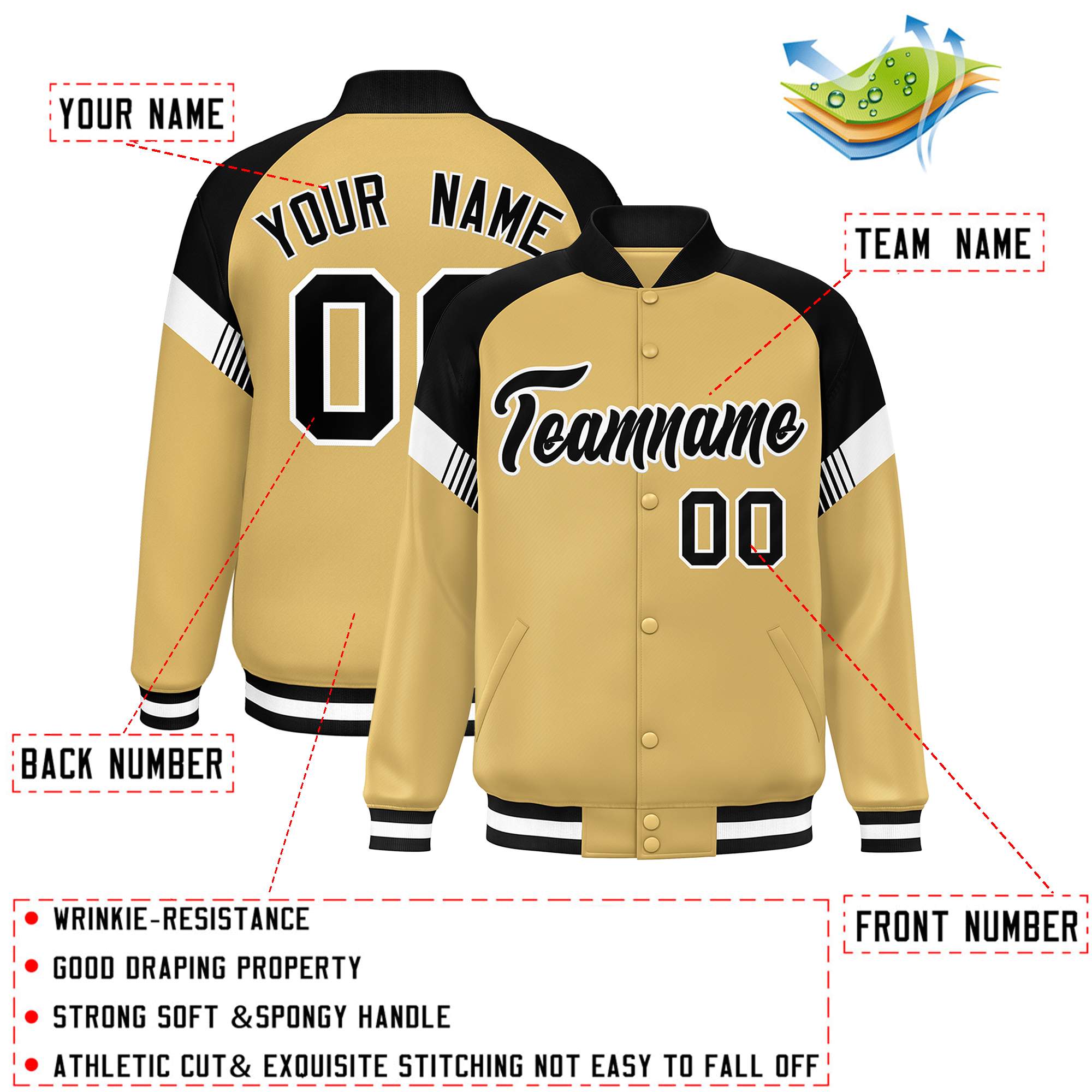 Custom Old Gold Black-White Varsity Full-Snap Color Block Letterman Jacket