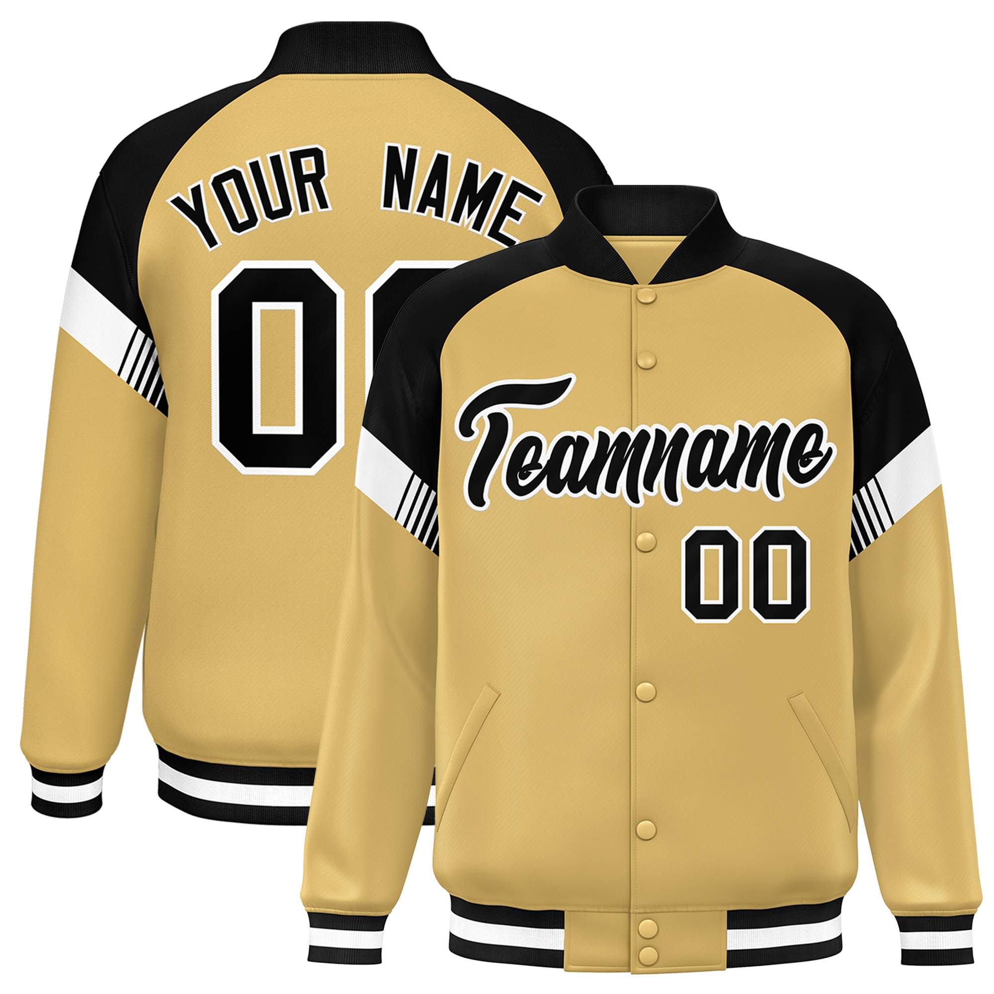 Custom Old Gold Black-White Varsity Full-Snap Color Block Letterman Jacket