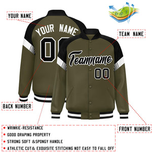 Custom Olive Black-White Varsity Full-Snap Color Block Letterman Jacket