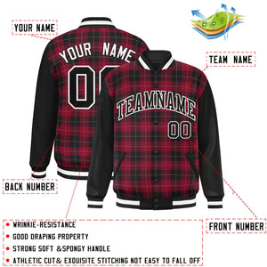 Custom Crimson Black-Gray Varsity Full-Snap Plaid Pattern Letterman Baseball Jacket