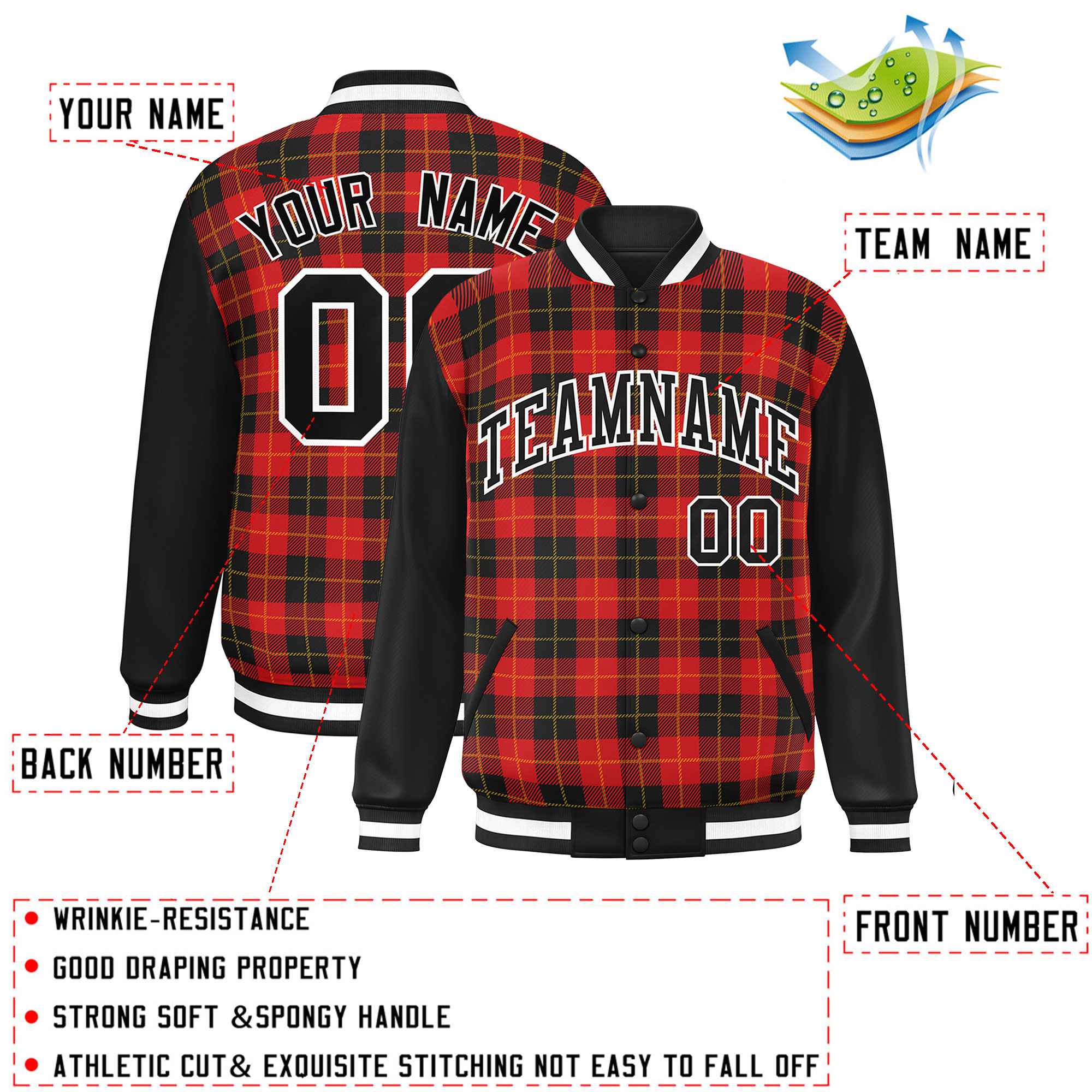 Custom Red Black-Gold Varsity Full-Snap Plaid Pattern Letterman Baseball Jacket