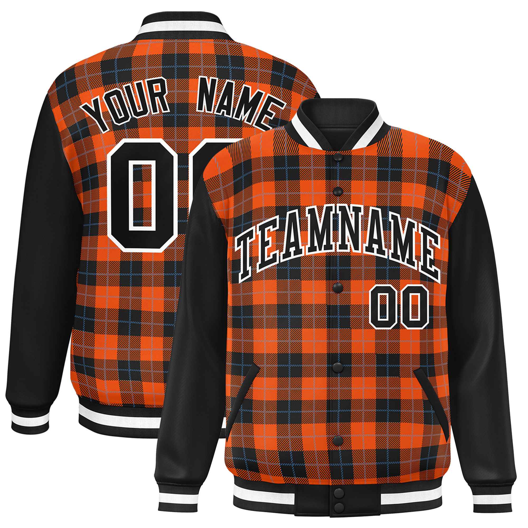 Custom Orange Black-Powder Blue Varsity Full-Snap Plaid Pattern Letterman Baseball Jacket