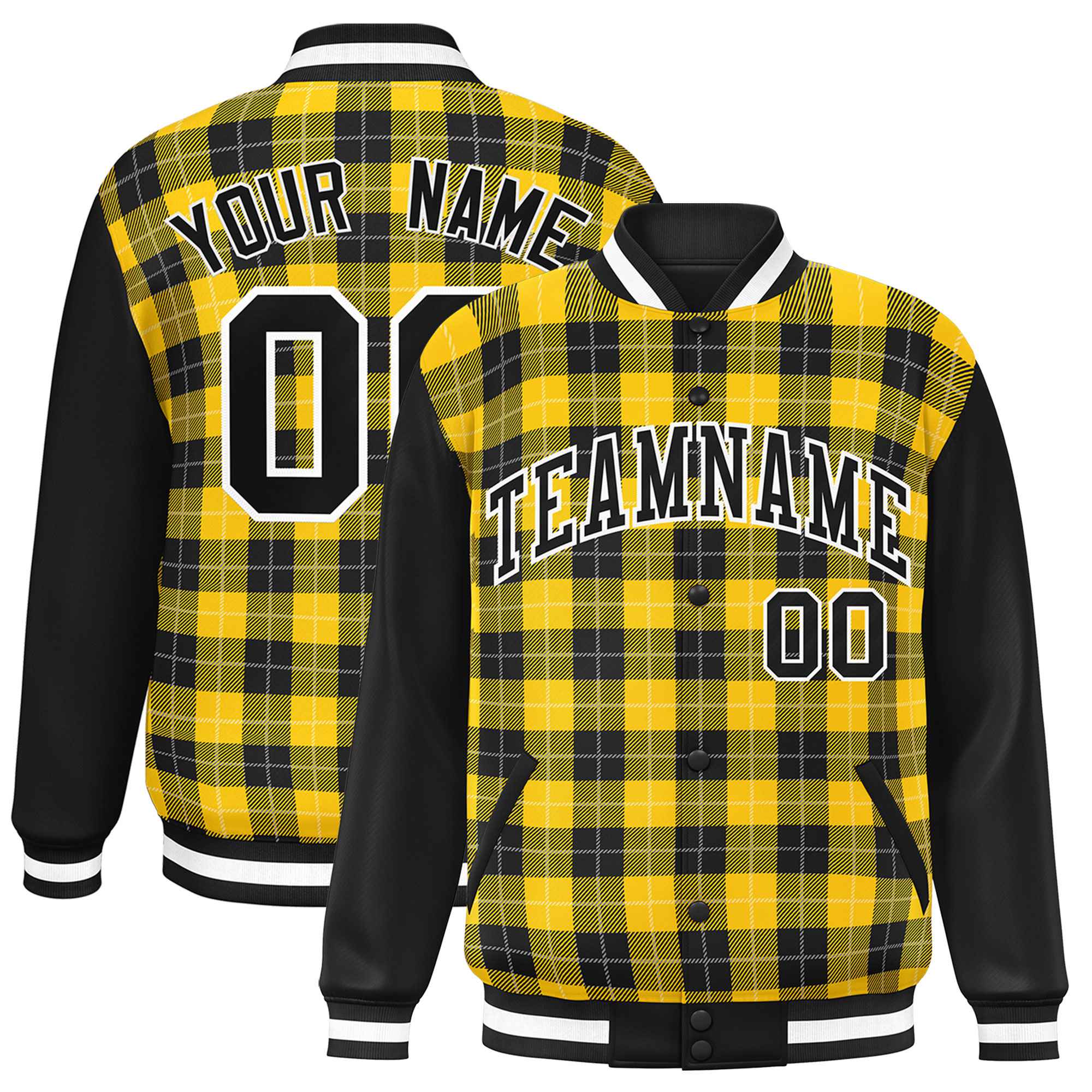 Custom Gold Black-White Varsity Full-Snap Plaid Pattern Letterman Baseball Jacket