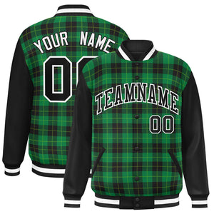 Custom Green Black-Neon Green Varsity Full-Snap Plaid Pattern Letterman Baseball Jacket