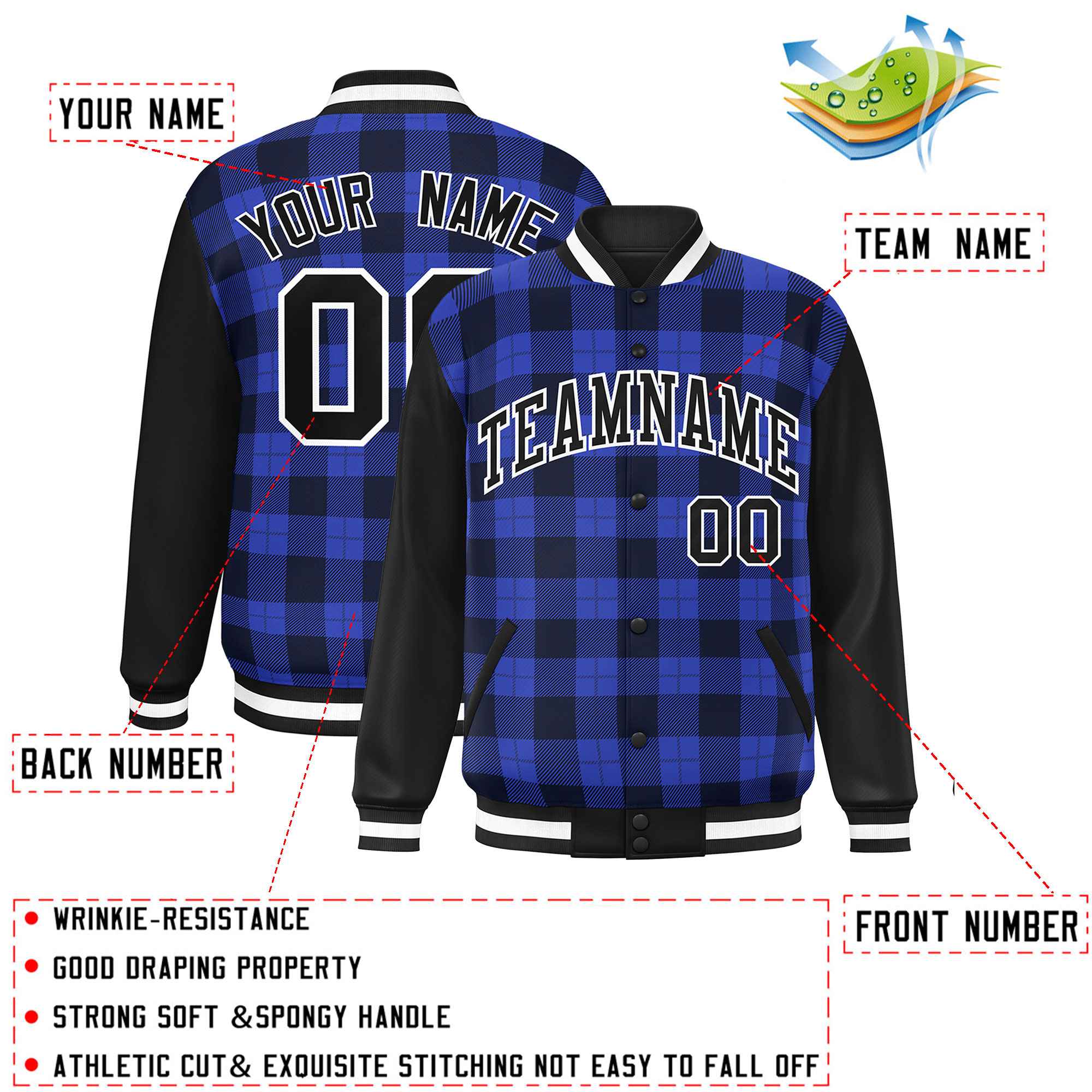 Custom Royal Navy-Black Varsity Full-Snap Plaid Pattern Letterman Baseball Jacket