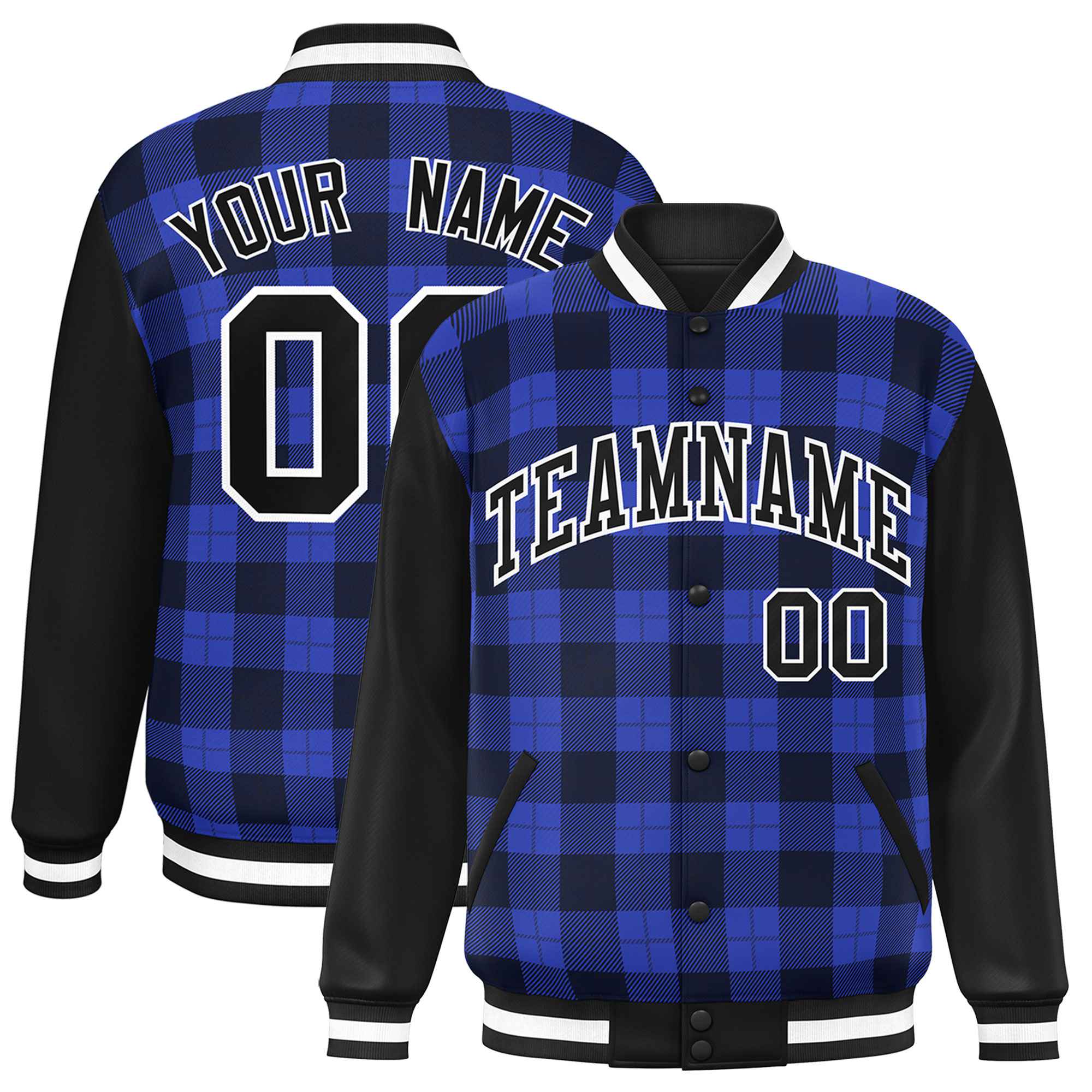 Custom Royal Navy-Black Varsity Full-Snap Plaid Pattern Letterman Baseball Jacket