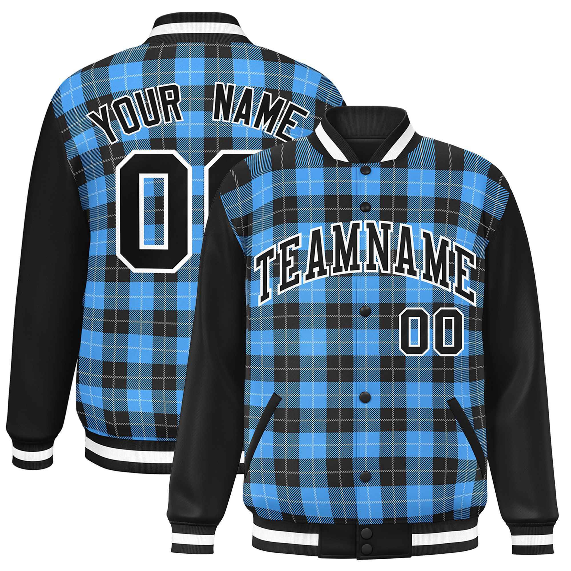 Custom Powder Blue Black-White Varsity Full-Snap Plaid Pattern Letterman Baseball Jacket