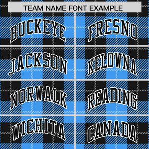 Custom Powder Blue Black-White Varsity Full-Snap Plaid Pattern Letterman Baseball Jacket