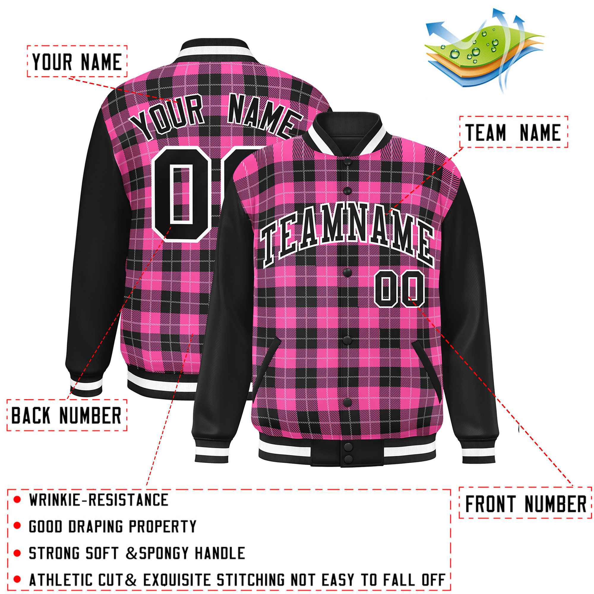 Custom Pink Black-White Varsity Full-Snap Plaid Pattern Letterman Baseball Jacket