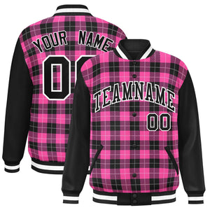 Custom Pink Black-White Varsity Full-Snap Plaid Pattern Letterman Baseball Jacket