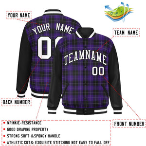 Custom Purple Black-White Varsity Full-Snap Plaid Pattern Letterman Baseball Jacket