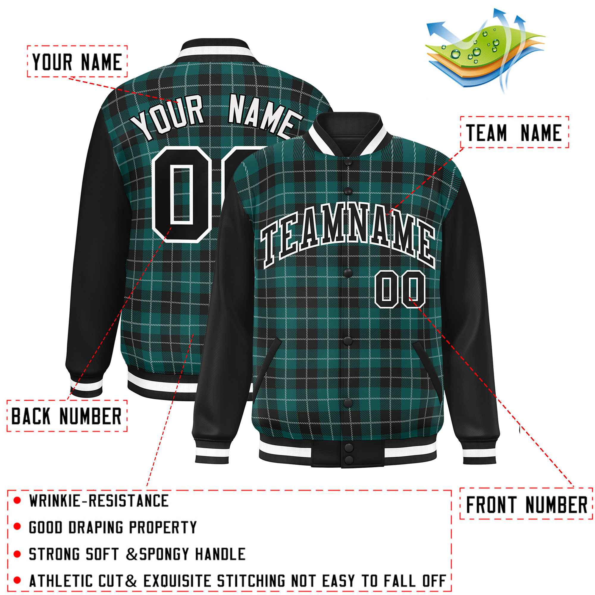 Custom Midnight Green Black-White Varsity Full-Snap Plaid Pattern Letterman Baseball Jacket