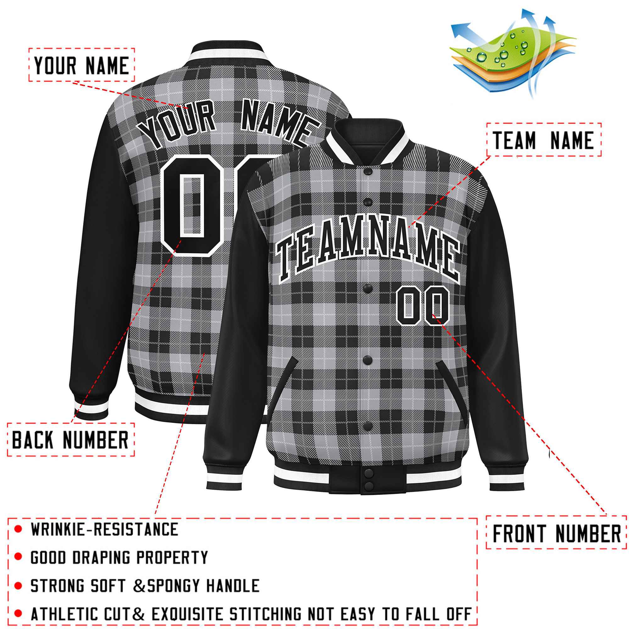 Custom Gray Black-White Varsity Full-Snap Plaid Pattern Letterman Baseball Jacket