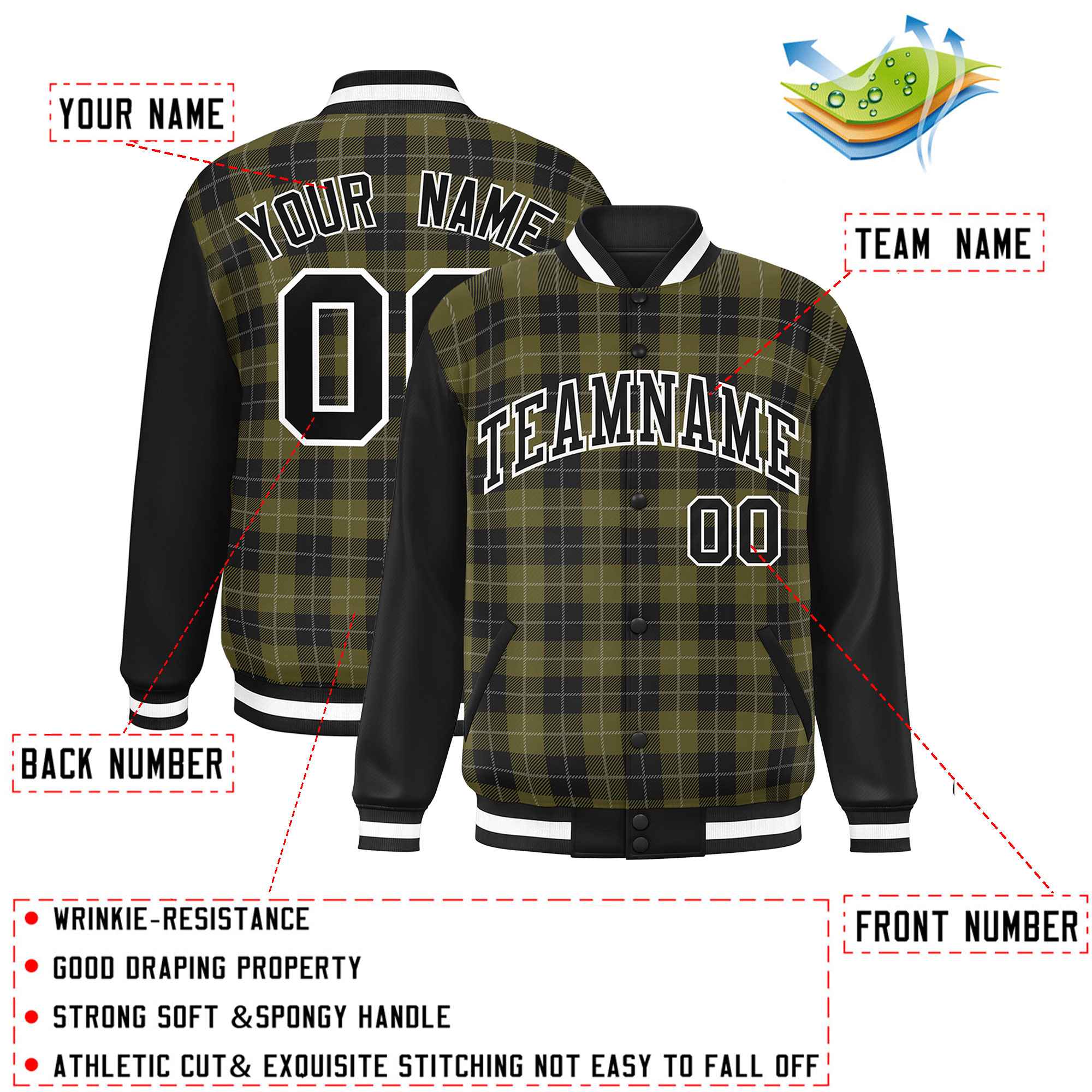 Custom Olive Black-Gray Varsity Full-Snap Plaid Pattern Letterman Baseball Jacket