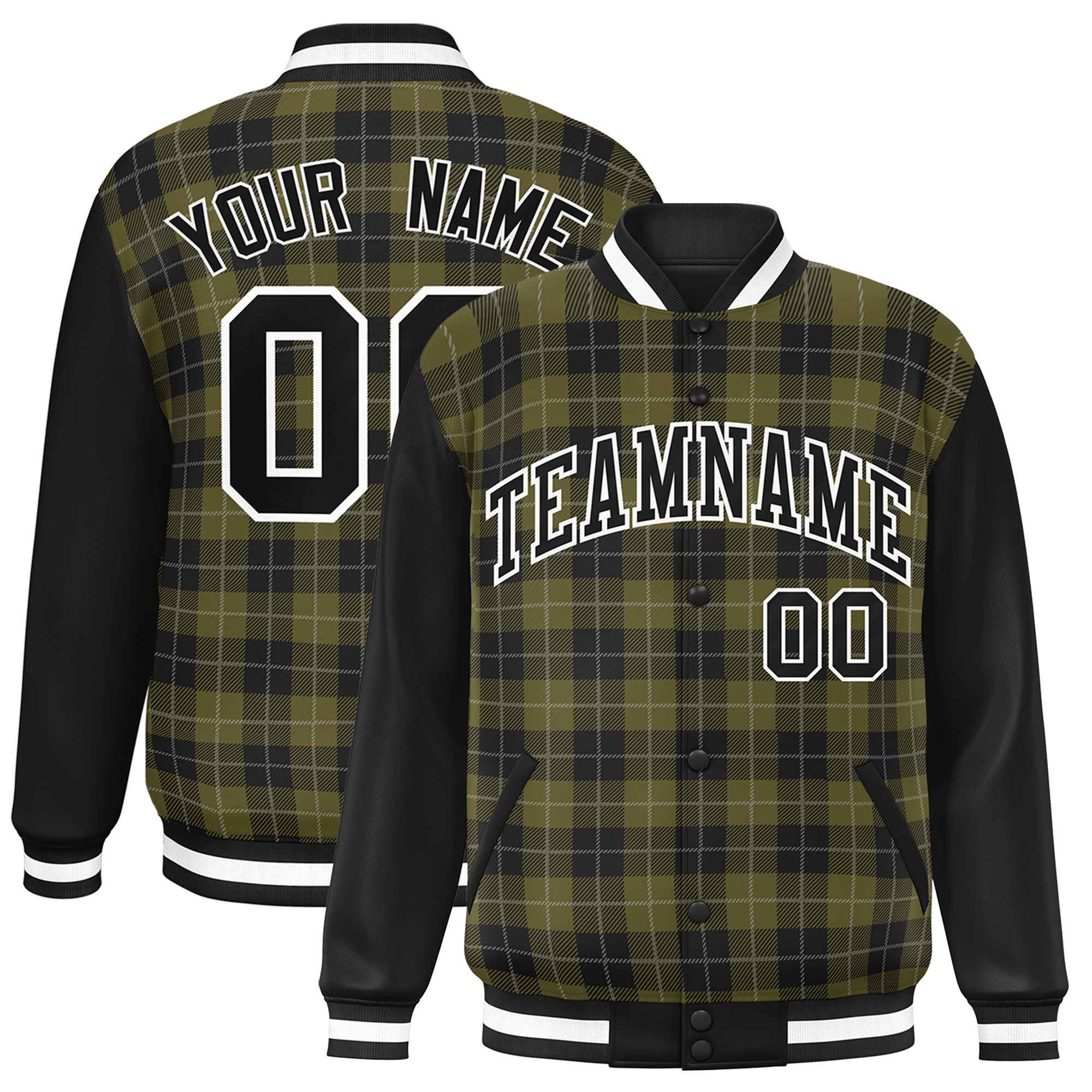 Custom Olive Black-Gray Varsity Full-Snap Plaid Pattern Letterman Baseball Jacket