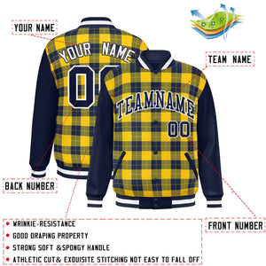 Custom Gold Navy-Gold Varsity Full-Snap Plaid Pattern Letterman Baseball Jacket