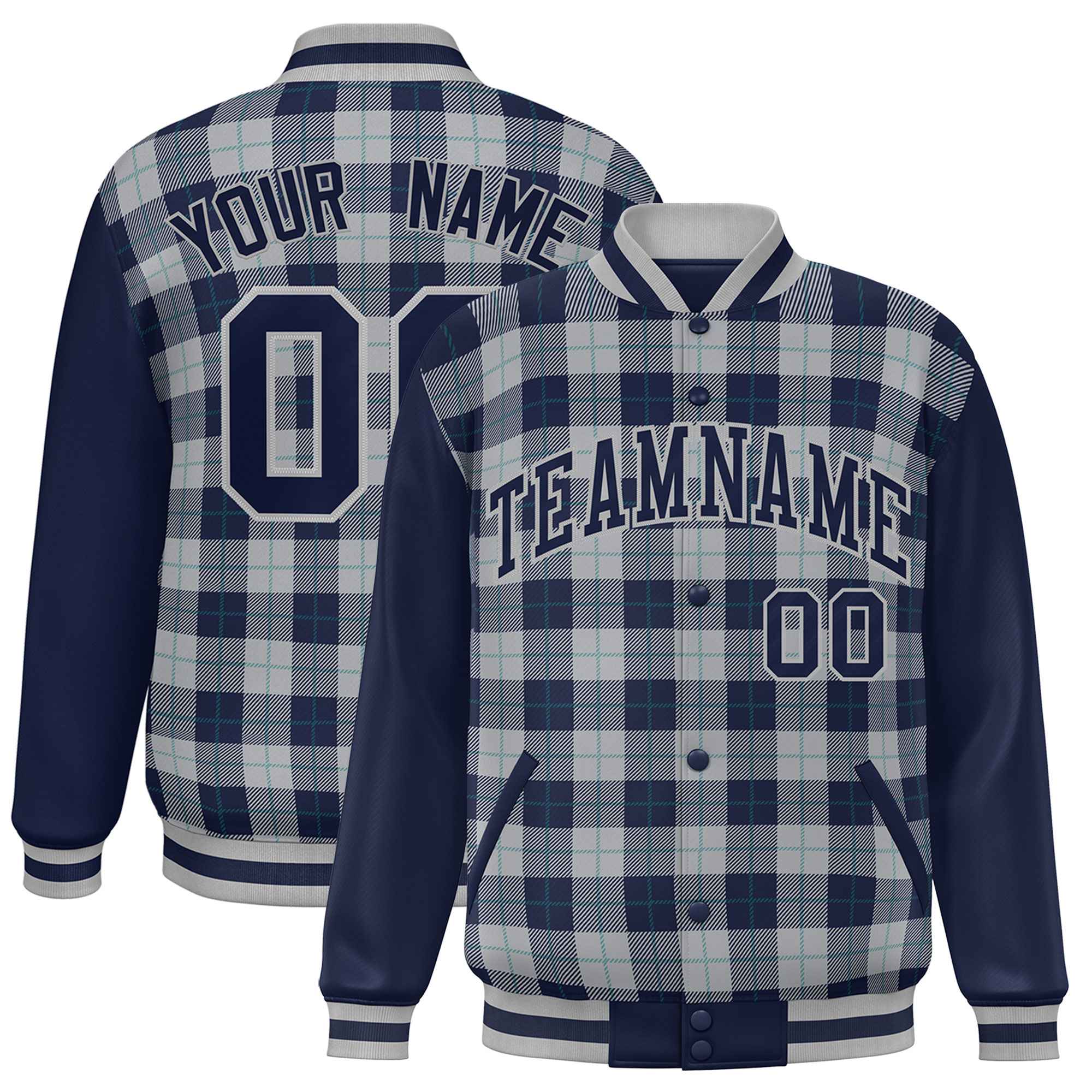 Custom Gray Navy-Aqua Varsity Full-Snap Plaid Pattern Letterman Baseball Jacket