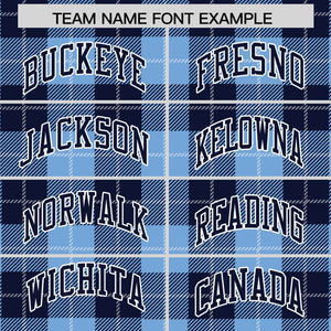 Custom Powder Blue Navy-White Varsity Full-Snap Plaid Pattern Letterman Baseball Jacket