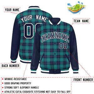 Custom Aqua Navy-Gray Varsity Full-Snap Plaid Pattern Letterman Baseball Jacket