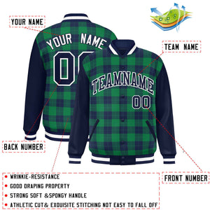 Custom Green Navy-Green Varsity Full-Snap Plaid Pattern Letterman Baseball Jacket