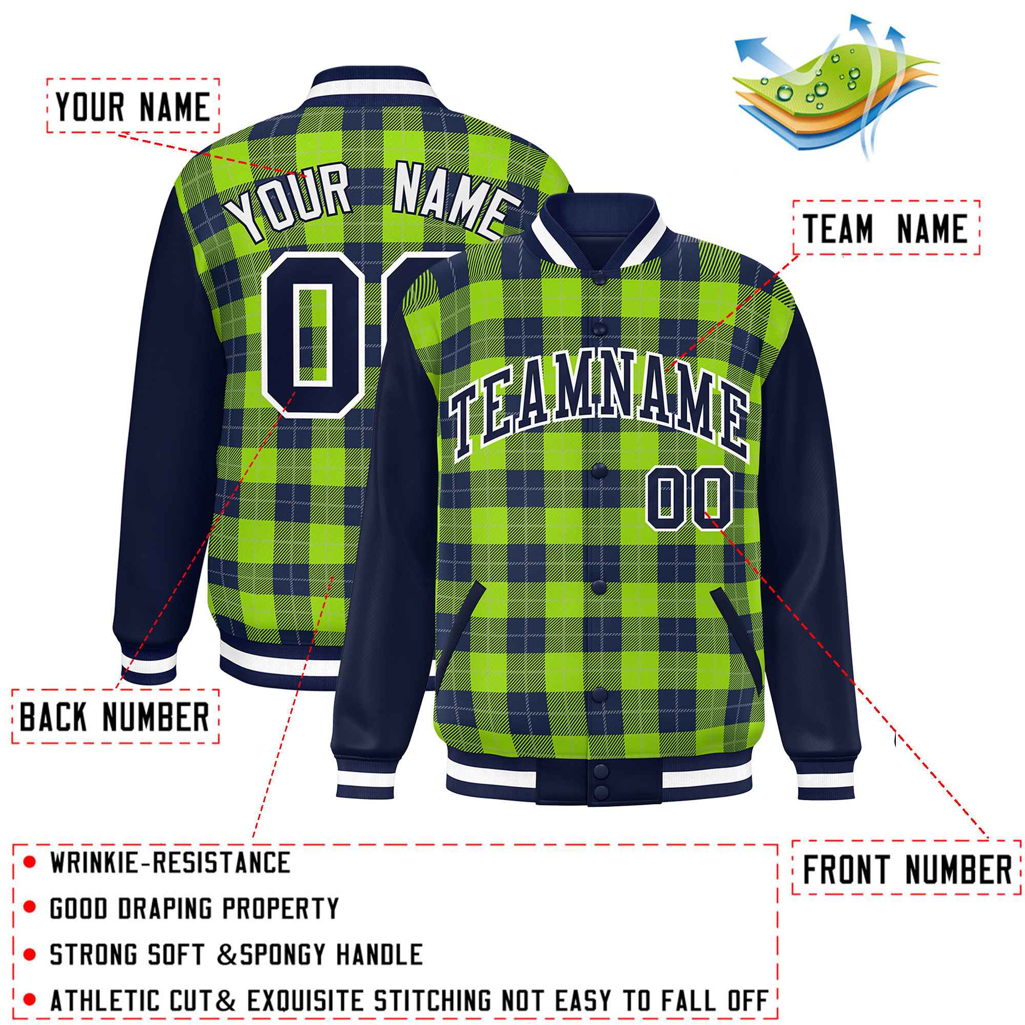 Custom Neon Green Navy-Gray Varsity Full-Snap Plaid Pattern Letterman Baseball Jacket