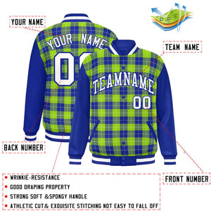 Custom Neon Green Royal-White Varsity Full-Snap Plaid Pattern Letterman Baseball Jacket