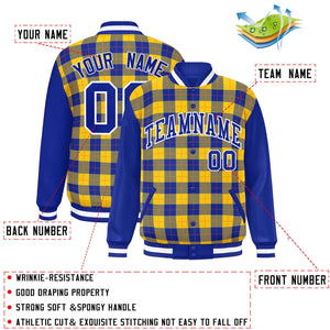 Custom Yellow Royal-Orange Varsity Full-Snap Plaid Pattern Letterman Baseball Jacket