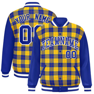 Custom Yellow Royal-Orange Varsity Full-Snap Plaid Pattern Letterman Baseball Jacket