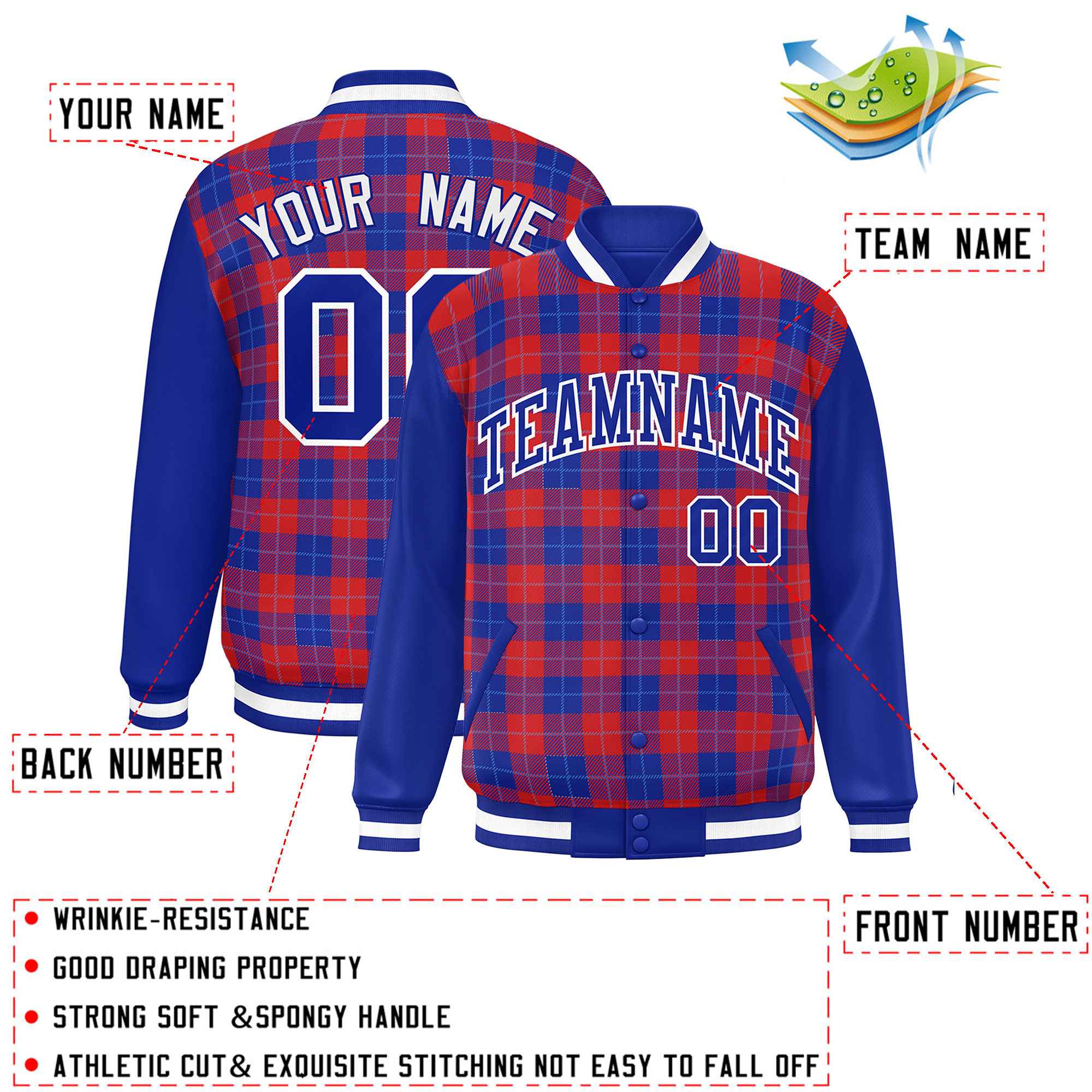 Custom Red Royal-Powder Blue Varsity Full-Snap Plaid Pattern Letterman Baseball Jacket