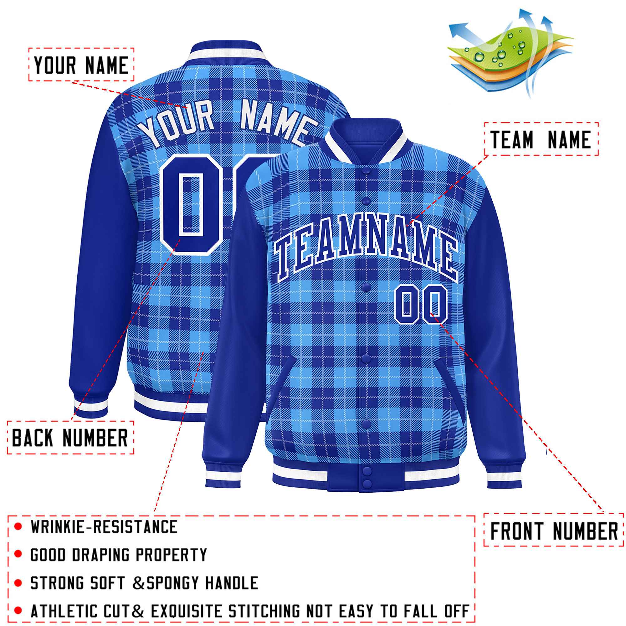 Custom Powder Blue Royal-White Varsity Full-Snap Plaid Pattern Letterman Baseball Jacket