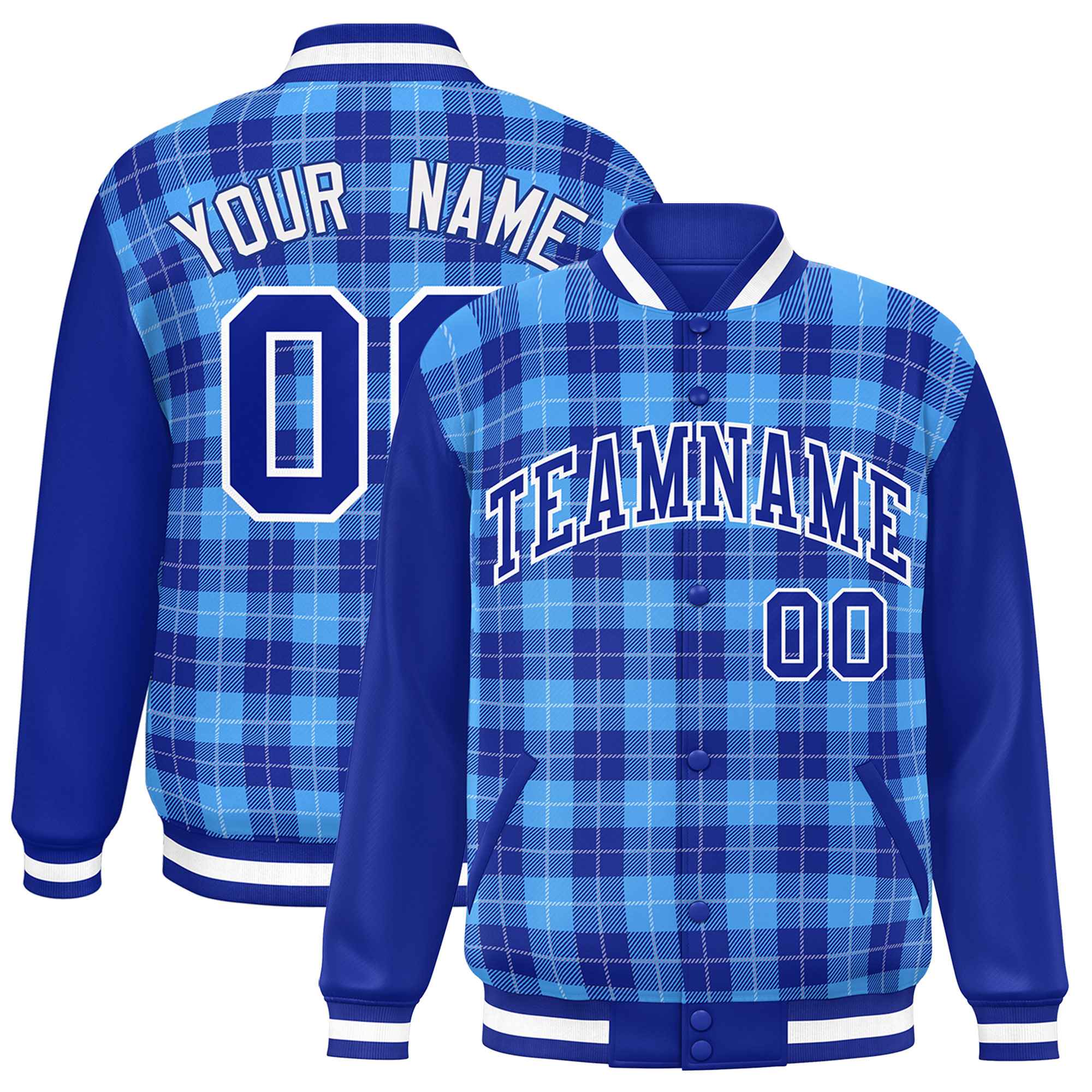 Custom Powder Blue Royal-White Varsity Full-Snap Plaid Pattern Letterman Baseball Jacket