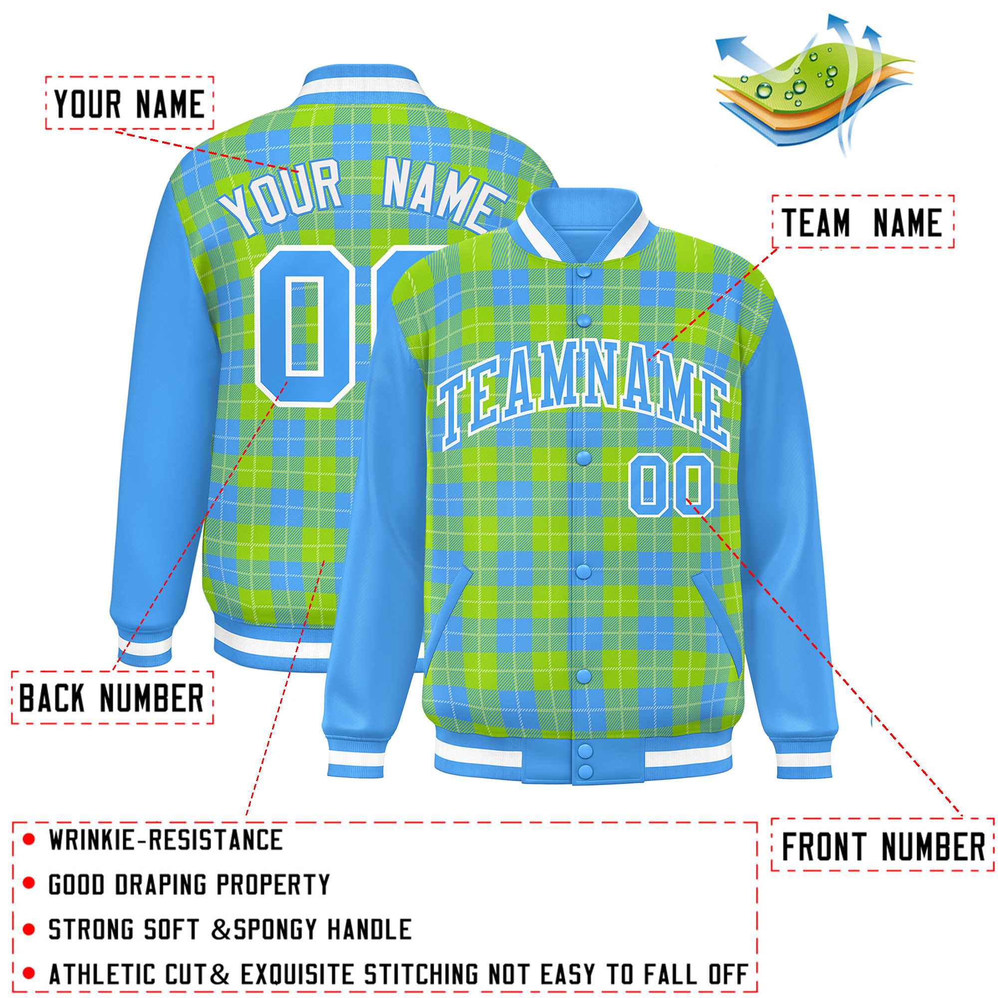 Custom Neon Green Powder Blue-White Varsity Full-Snap Plaid Pattern Letterman Baseball Jacket