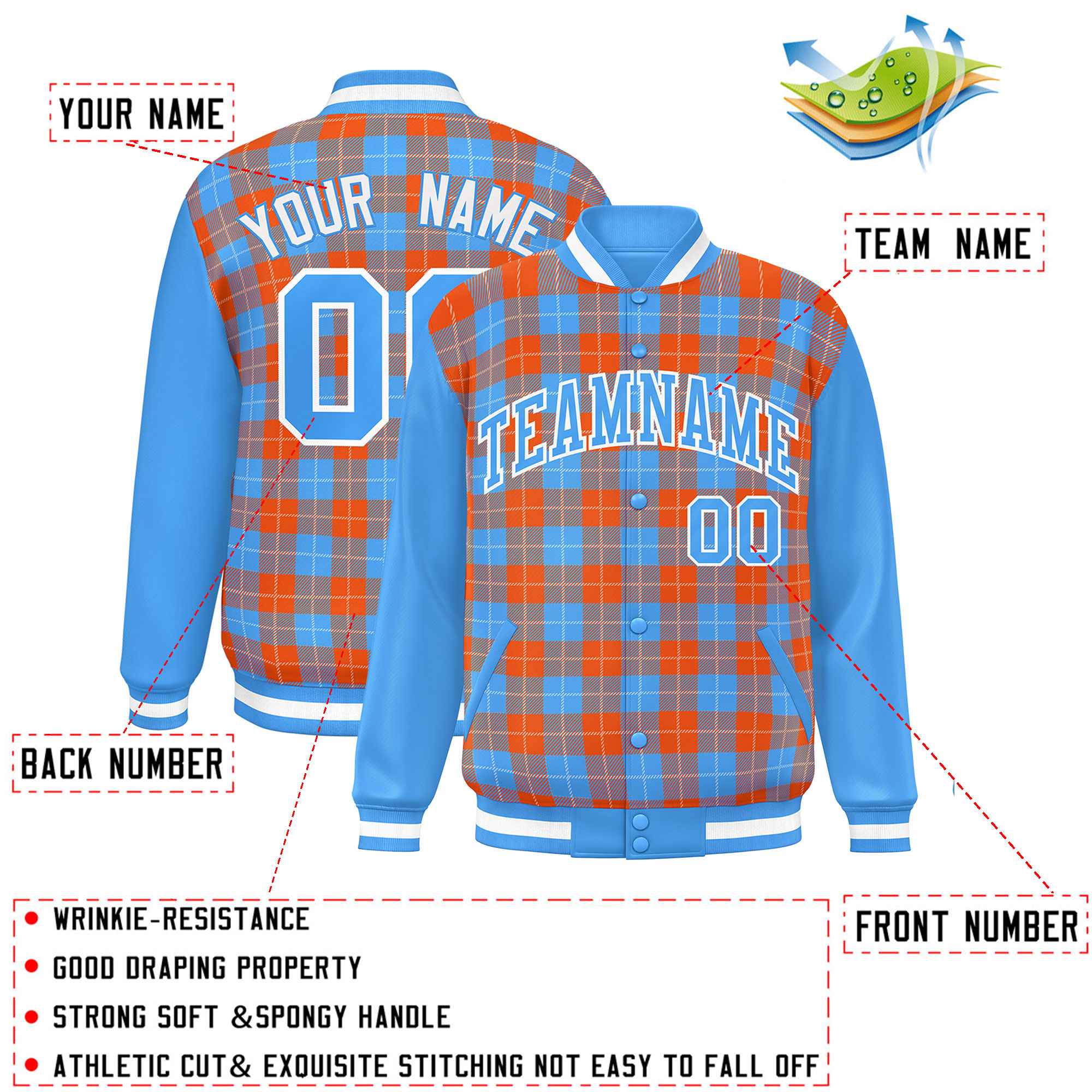 Custom Orange Powder Blue-White Varsity Full-Snap Plaid Pattern Letterman Baseball Jacket