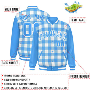 Custom White Powder Blue-Gray Varsity Full-Snap Plaid Pattern Letterman Baseball Jacket