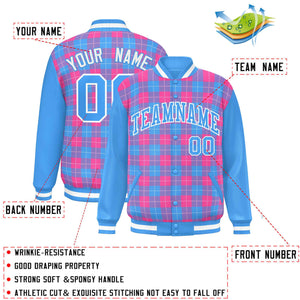 Custom Pink Powder Blue-White Varsity Full-Snap Plaid Pattern Letterman Baseball Jacket