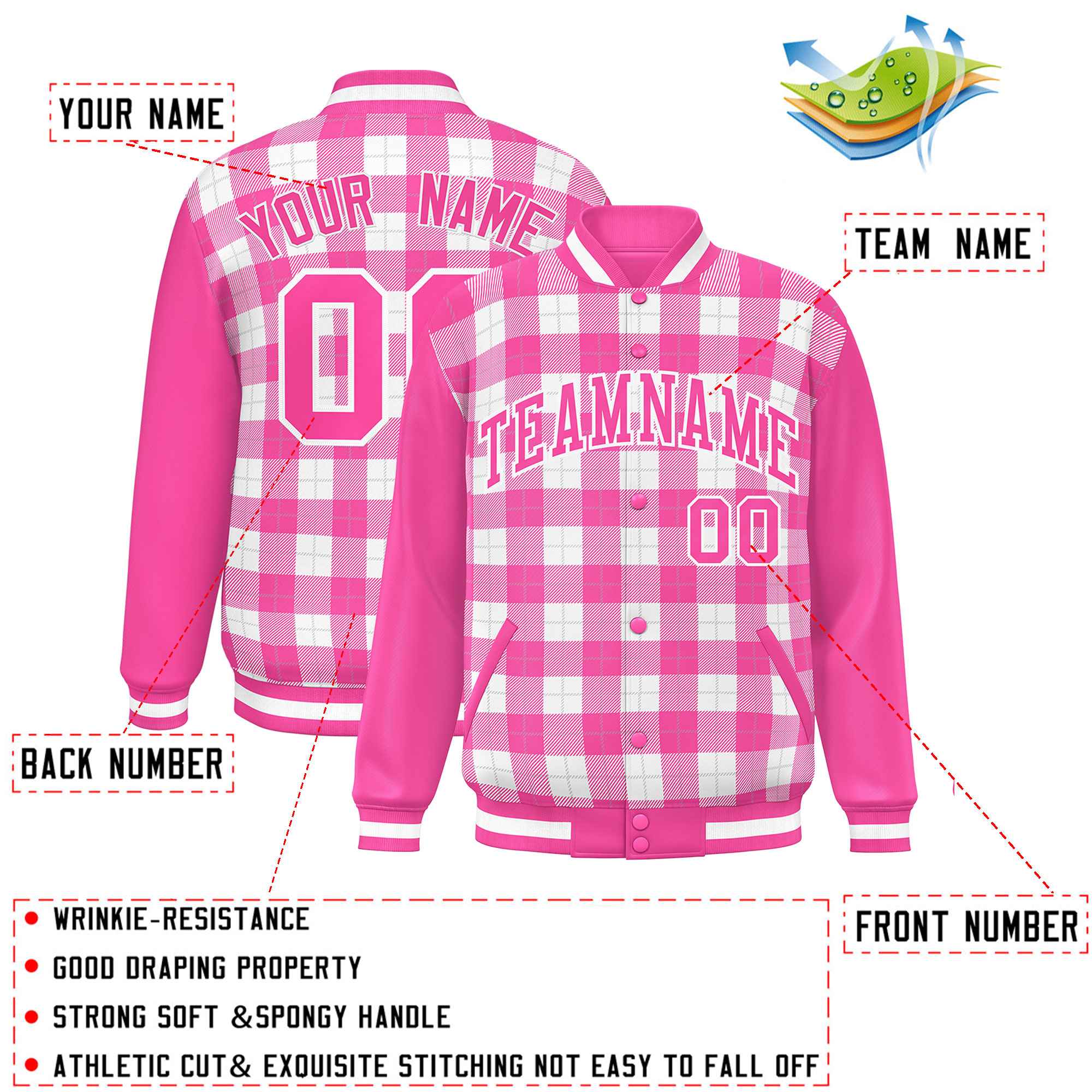 Custom White Pink-Gray Varsity Full-Snap Plaid Pattern Letterman Baseball Jacket