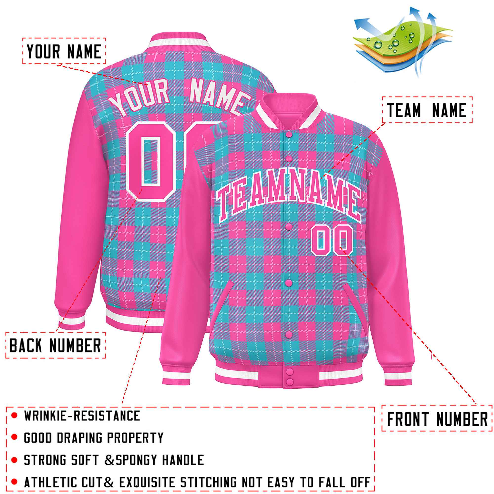 Custom Sky Blue Pink-White Varsity Full-Snap Plaid Pattern Letterman Baseball Jacket